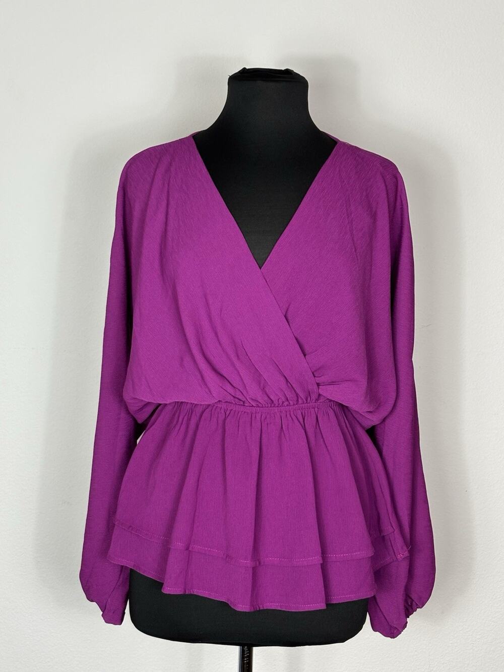 Savanna Jane Magenta Peplum Hem Blouse Faux Wrap Ballon Sleeve Top V Neck Sz L
